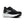 A black and white running shoe at a diagonal angle with white midsole on a white background