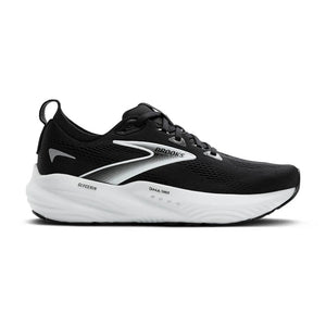 Black running shoe with white sole on a white background