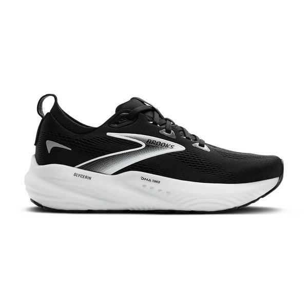 Black running shoe with white sole on a white background