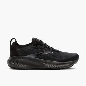 All black men's Brooks athletic shoe that is also great for walking on a white background.