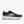 Black running shoe with white sole on a white background