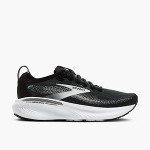 Black running shoe with white sole on a light gray background