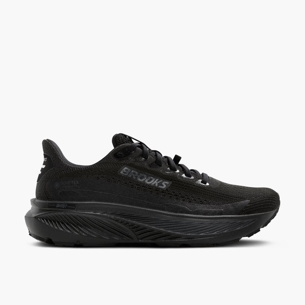 All black waterproof running shoe on a white background