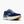 Blue running shoe with white sole on a white background