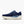 Blue running shoe with white sole on a light gray background