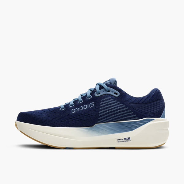Blue running shoe with white sole on a light gray background