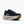 Navy running shoe with navy shoe laces white midsole on a light gray background