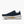 The medial side of this navy running shoe with white sole on a white background