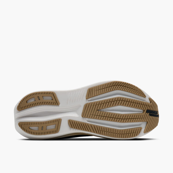 Back view of a running shoe with visible brand logo on a white background
