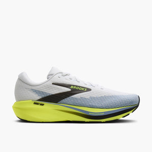 Brooks Ghost Run 14 running shoe in white, featuring a light blue gradient mesh upper, a black side logo stripe with yellow 'BROOKS' text, and a bright yellow-green Ghost Air midsole.