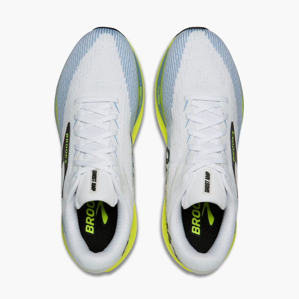 Brooks Ghost Run 14 running shoe in white, featuring a light blue gradient mesh upper, a black side logo stripe with yellow 'BROOKS' text, and a bright yellow-green Ghost Air midsole.