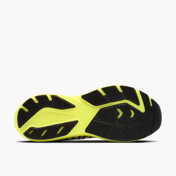 Brooks Ghost Run 14 running shoe in white, featuring a light blue gradient mesh upper, a black side logo stripe with yellow 'BROOKS' text, and a bright yellow-green Ghost Air midsole.