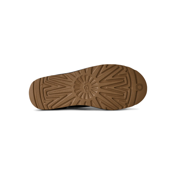 Navy ugg slipper with a tan midsole