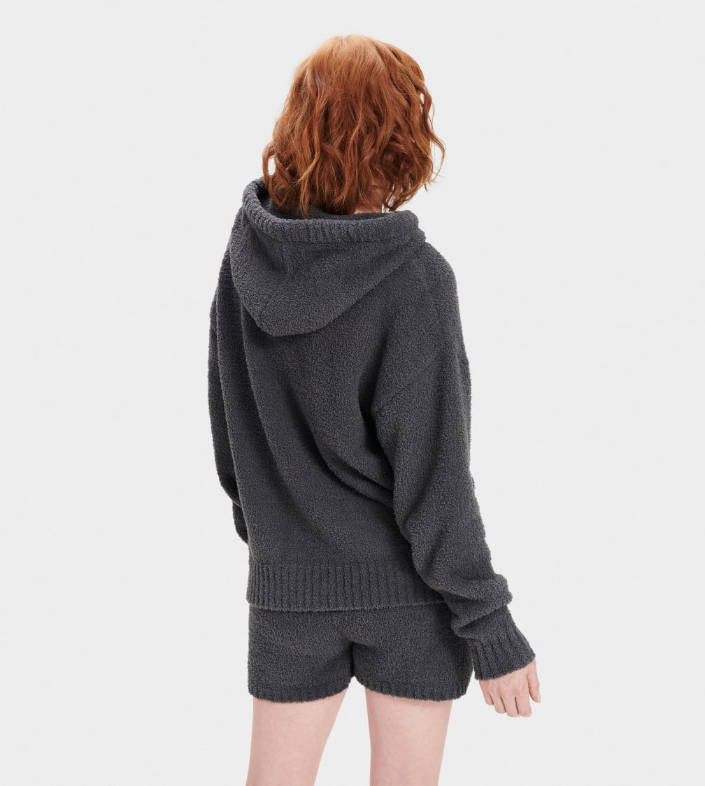 Back view of womens fleece hoodie