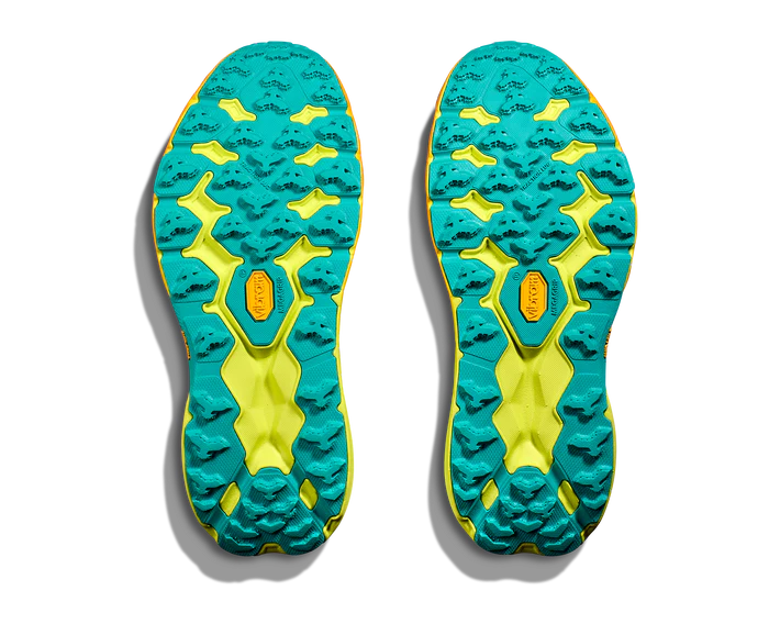 Bottom (outer sole) view of the Men's Speedgoat 5 by HOKA in Black/Evening Primrose
