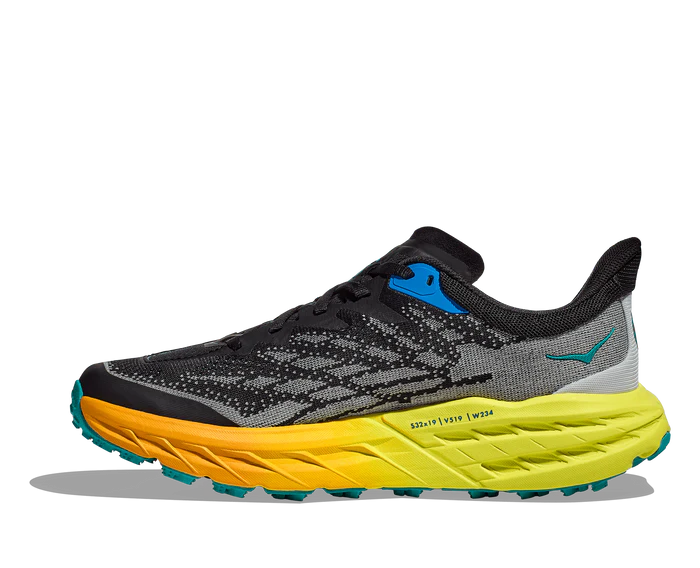Medial view of the Women's Speedgoat 5 by HOKA in Black/Evening Primrose