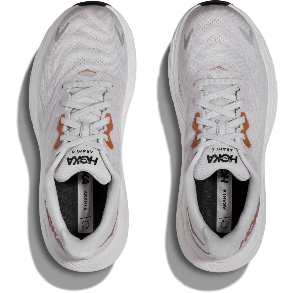 Top view of the Women's Arahi 6 by HOKA in the color Nimbus Cloud/Rose Gold