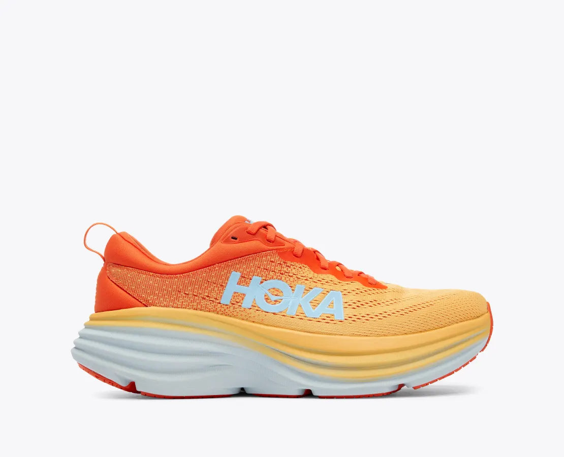 The Hoka Bondi 8 is a ultra-cushioned game-changer. One of the hardest working shoes in the HOKA lineup, the Men's Bondi 8 takes a bold step forward this season reworked with softer, lighter foams and a brand-new extended heel geometry.