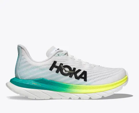 Lateral view of the Men's Mach 5 by HOKA in the color White/Blue Glass