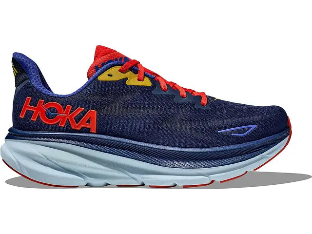 Lateral view of the Men's HOKA Clifton 9 in the color Bellwether Blue/Dazzling Blue
