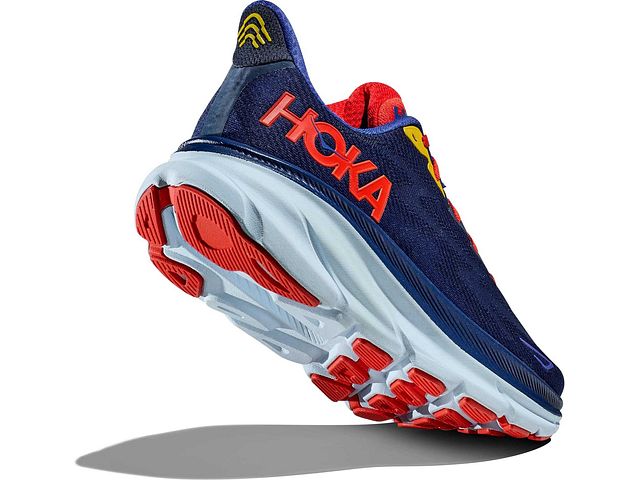 Back angled view of the Men's HOKA Clifton 9 in the color Bellwether Blue/Dazzling Blue