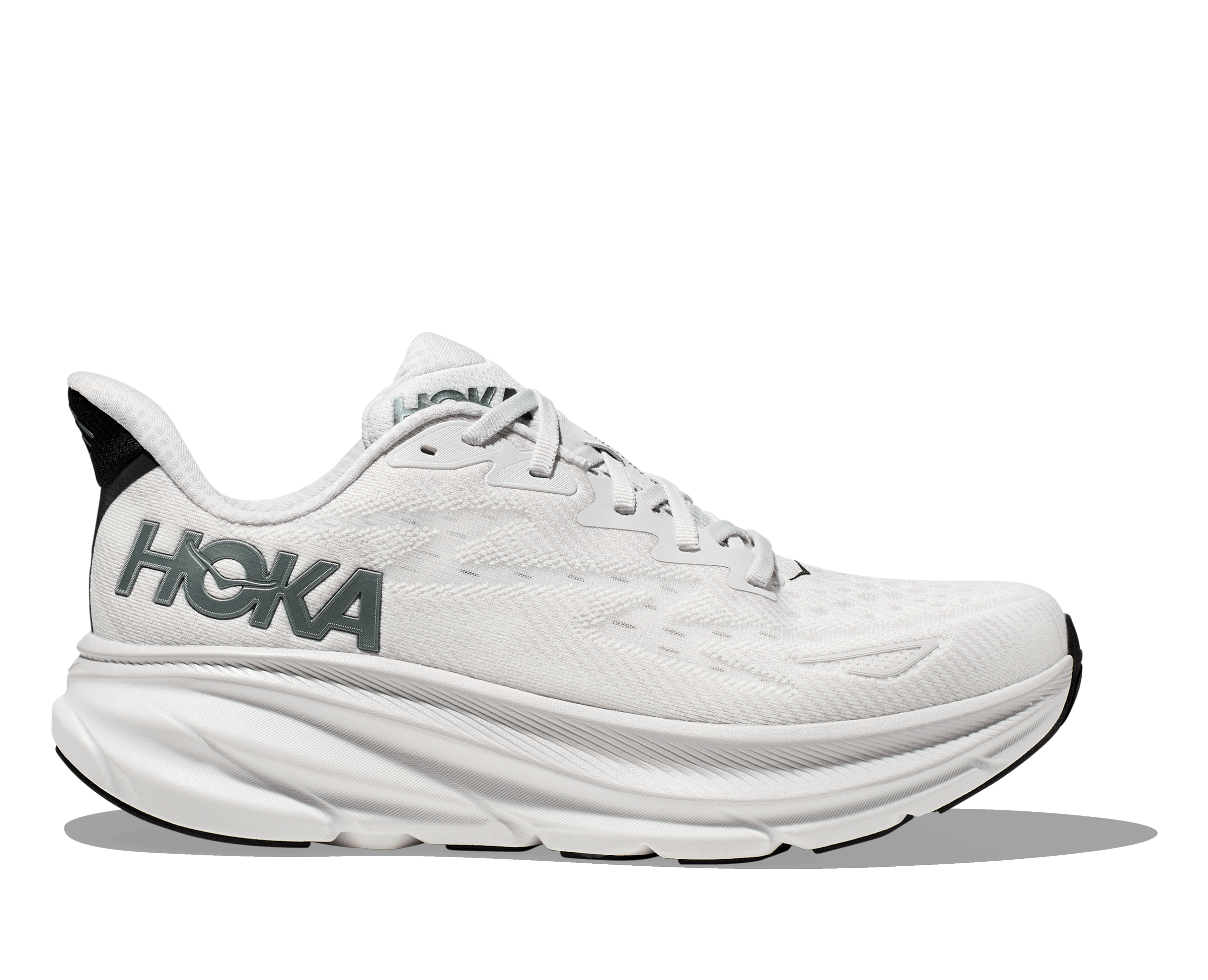 Lateral view of the Men's Clifton 9 by HOKA in the color Nimbus Cloud/Steel Wool