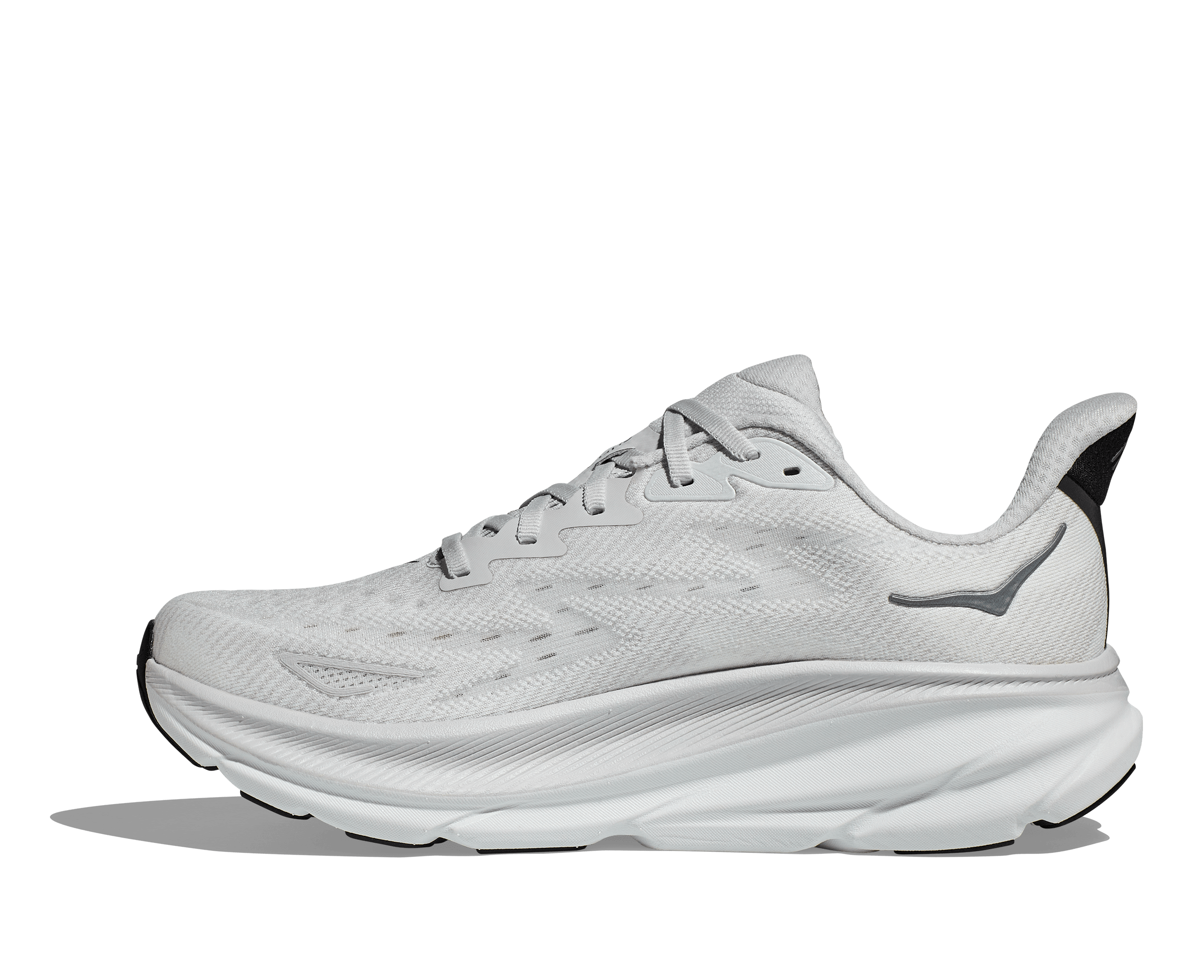 Medial view of the Men's Clifton 9 by HOKA in the color Nimbus Cloud/Steel Wool