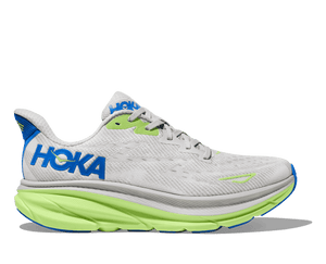 This men's Clifton 9 has a light blue Hoka logo near the heel and that color matches pop colors on other parts of the shoe.