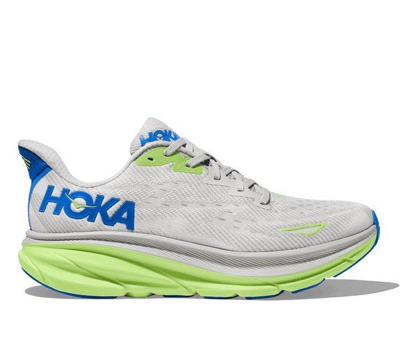 This men's Clifton 9 has a light blue Hoka logo near the heel and that color matches pop colors on other parts of the shoe.