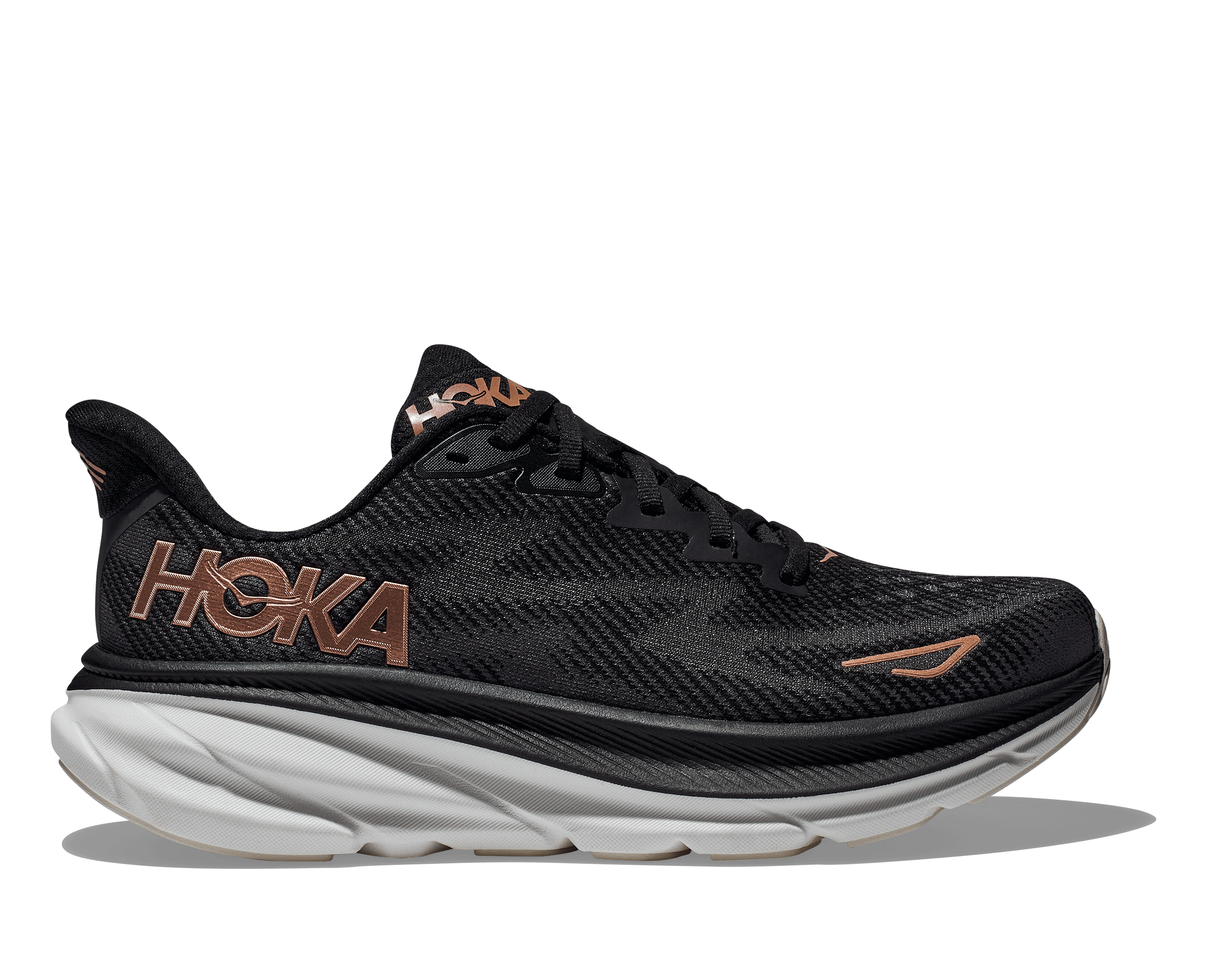 Lateral view of the Women's Clifton 9 by HOKA in the color Black/Rose Gold
