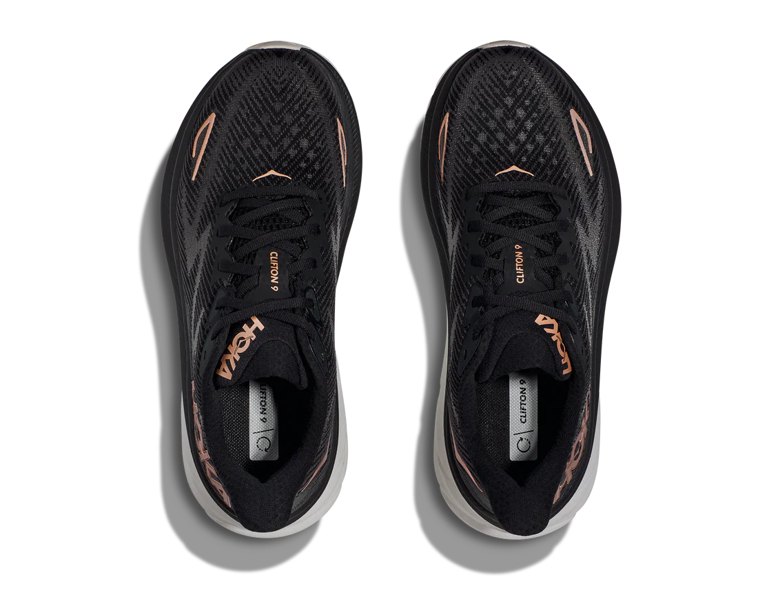 Top view of the Women's Clifton 9 by HOKA in Black/Copper