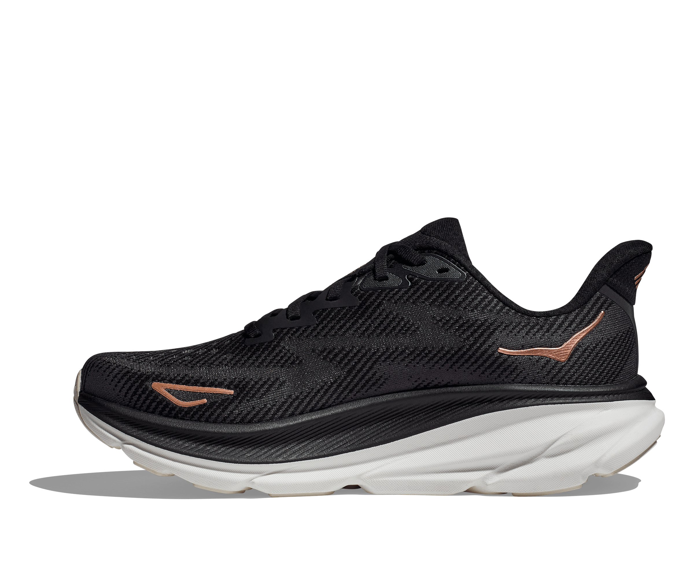 Medial view of the Women's Clifton 9 by HOKA in the color Black/Rose Gold