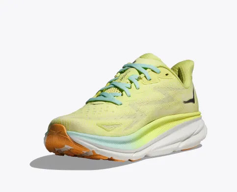 Front angle view of the Women's Clifton 9 by HOKA in the color Citrus Glow/Sunlit Ocean