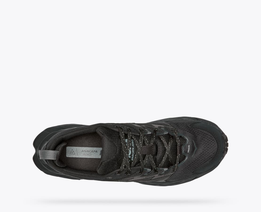 Top view of the Men's Anacapa Breeze Low trail shoe by HOKA in the color All Black