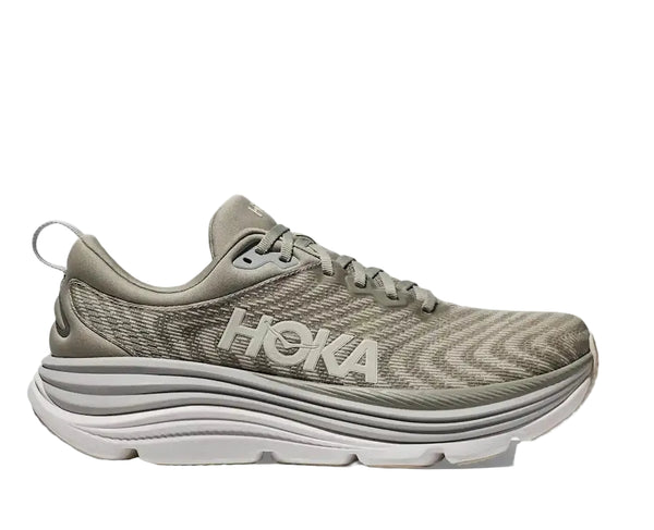 Gray running shoe with 'Hoka' branding on a white background