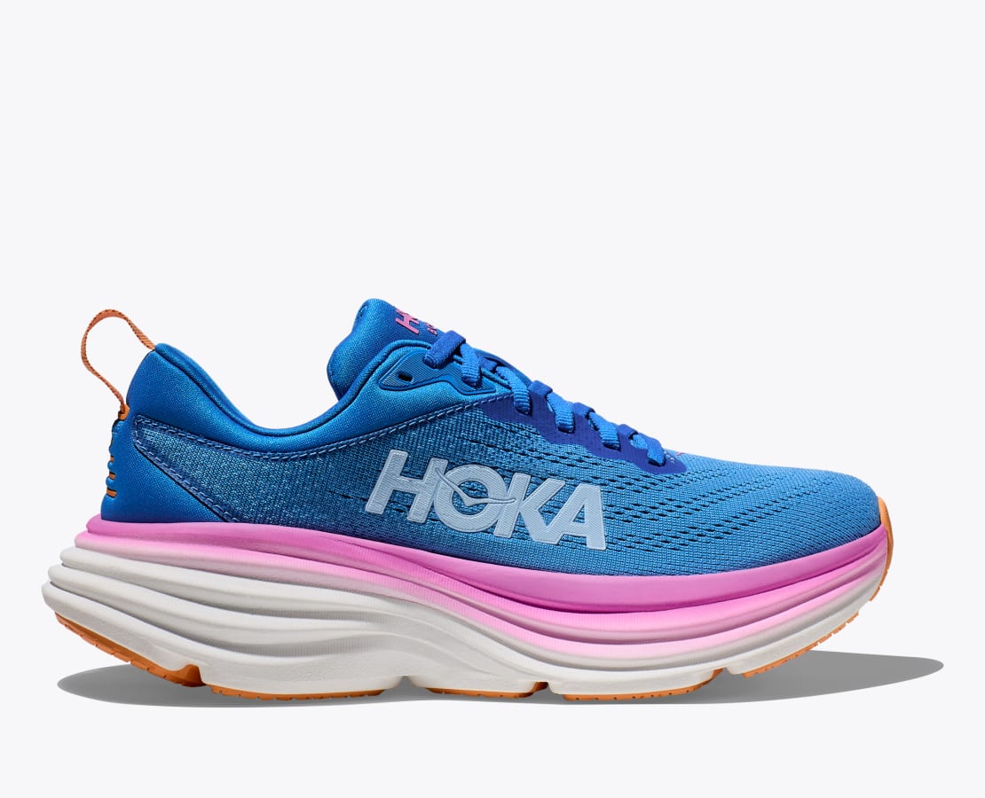 Lateral view of the Women's HOKA Bondi 8 in the Wide "D" Width, color COASTAL SKY/ALL ABOARD