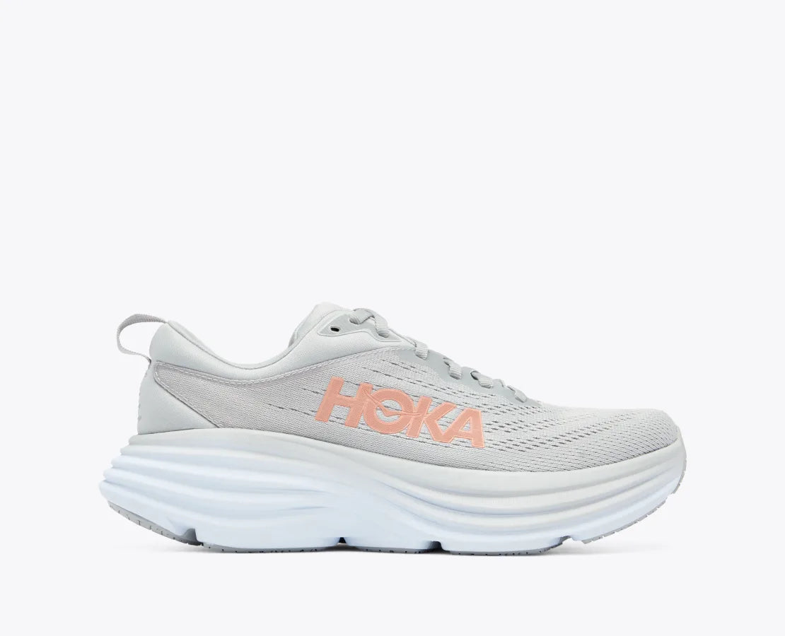 The Women's Bondi 8 has the Hoka logo large and visible on the lateral side of the shoe