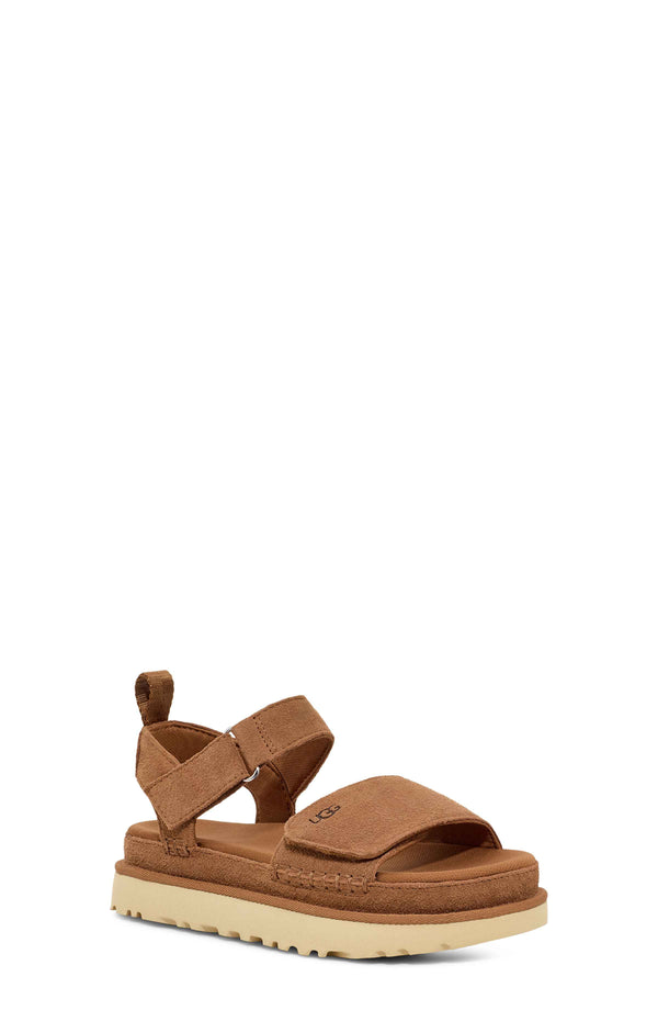 Brown sandal with a platform sole on a white background