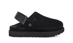 Black sling back clog on a white background
