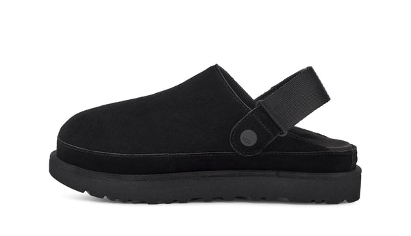 Black sling back clog on a white background