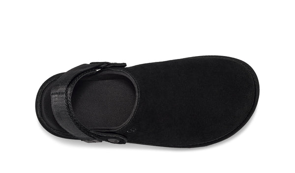 Black sling back clog on a white background