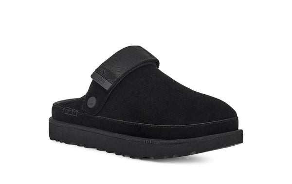 Black sling back clog on a white background