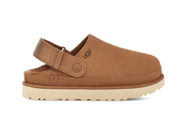 Slingback tan slipper clog on a white background