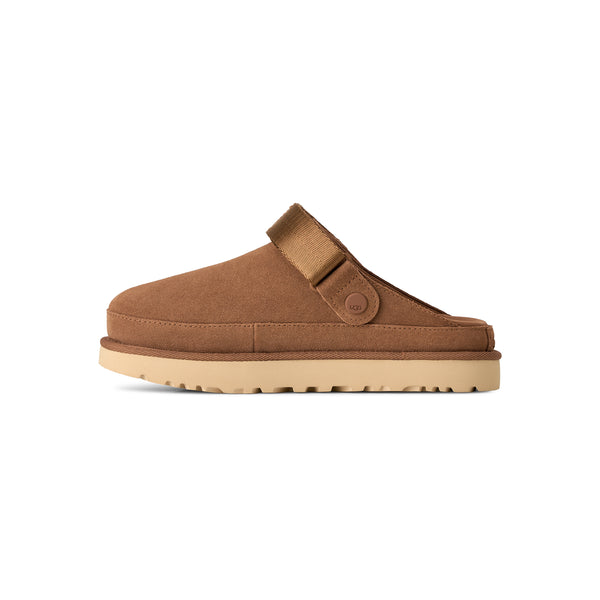 Slingback tan slipper clog on a white background
