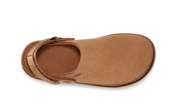 Slingback tan slipper clog on a white background