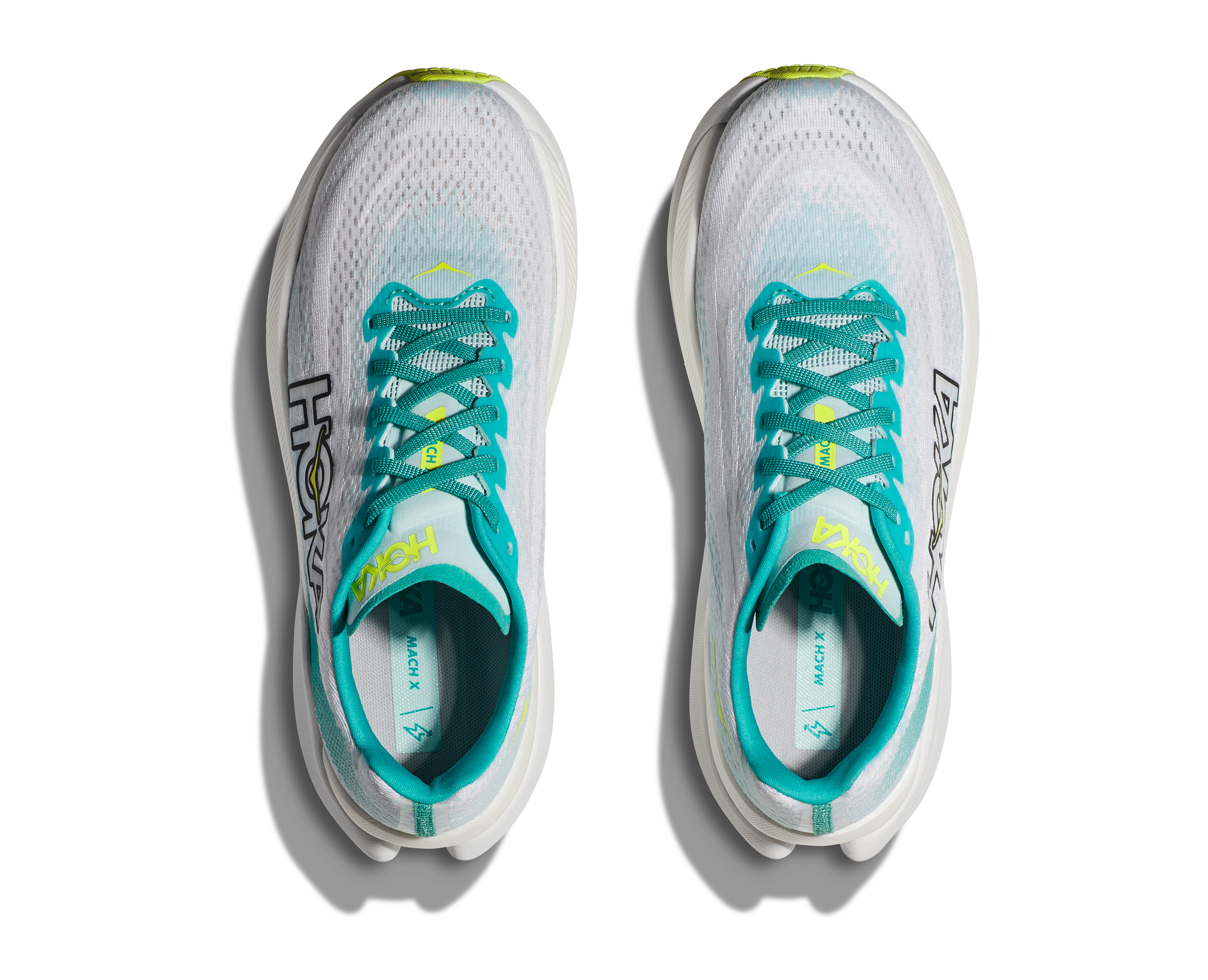 Top view of the Men's Mach X by HOKA in the color White/Blue Glass