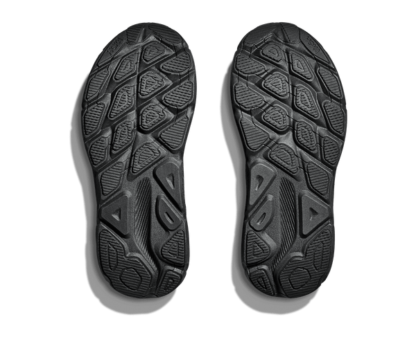 The all black outsole of a pair of Men's Clifton 9 running and walking shoes.