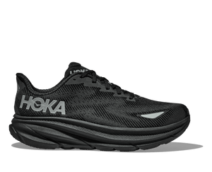 The medial side of a Men's Hoka Clifton 9 GTX running shoes in black color with visible brand logo.