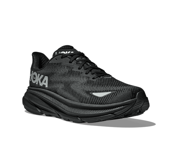 A Hoka waterproof running shoe for women in an all-black colorway.