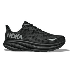 A pair of black HOKA Clifton 9 GTX running shoes with visible brand logo on the side.